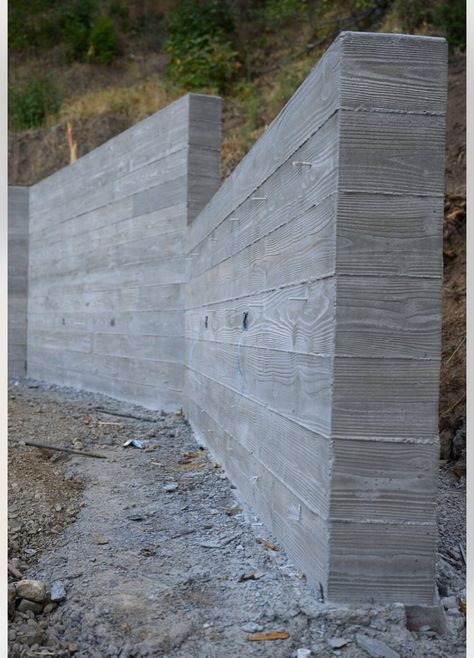 Board Formed Concrete Retaining Wall, Bamboo Gate, Board Formed Concrete Wall, Driveway Wall, Mid Century Mailbox, Formed Concrete, Concrete Board, Slate Pool, Mountain Dream Homes