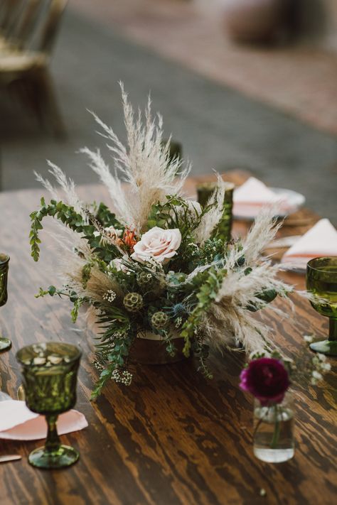 Boho Pampas Grass Wedding at Tlaquepaque - Arizona, Sedona, Phoenix Florist - Boho Centerpieces on Farm Tables Small Pompous Grass Centerpieces, Pampas Grass And Greenery Centerpiece, Small Pampas Grass Centerpiece, Pompass Grass Centerpiece, Pampas Centerpiece, Navy Wedding Centerpieces, Pampas Grass Centerpiece, Grass Centerpieces, Boho Centerpieces