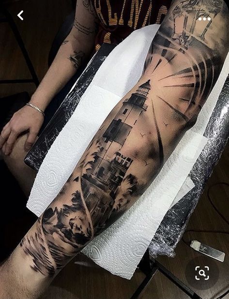 Compass And Flower Tattoo Sleeve, Lighthouse Tattoo Men, Battle Tattoo, Marine Tattoos, Ship Tattoo Sleeves, Compass Tattoo Men, Nautical Tattoo Sleeve, Left Arm Tattoos, Realistic Tattoo Sleeve