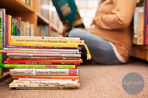 Book Maternity Pictures, Maternity Photos With Books, Library Maternity Photos, Book Pose, Gender Reveal Photo Shoot, Library Photo Shoot, Where The Sidewalk Ends, Fox Socks, Gender Reveal Photos