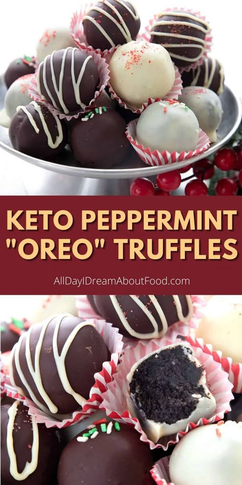 Delicious keto peppermint truffles that taste like Oreo cookies! These sugar-free cookie dough balls are a healthy nut-free holiday treat. Oreo Cake Recipe Homemade, Peppermint Oreo Truffles, Oreo Cake Recipe, Peppermint Truffles, Cake Recipe Homemade, Desserts Oreo, Low Carb Christmas, Keto Christmas Cookies, Low Carb Candy