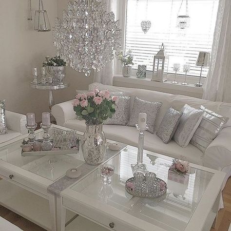 ♡ ᒪOᑌIᔕE ♡ White And Silver Bedroom, Romantic Living Room, Silver Living Room, Silver Bedroom, Glam Living Room, White Living, White Living Room, White Furniture, Apartment Room