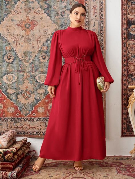 SHEIN Plus Mock Neck Lantern Sleeve Belted Dress | SHEIN USA Red Dress Hijab, Dress Hijab Simple, Hijab Plus Size, Plus Size Red Dress, Hijabi Dresses, Classy Wardrobe, Modest Maxi Dress, Simple Gowns, Fall Plus Size