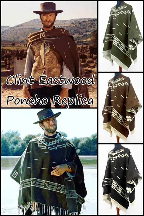 CLINT EASTWOOD PONCHO REPLICA: This Soft, Comfortable and warm poncho, is a replica of the iconic Poncho worn by Clint Eastwood in "A fistful of Dollars", "For a Few Dollars more", "The Good, The Bad, and The Ugly". This incredibly soft poncho is uniquely designed and handmade in Ecuador by skilled local artisans. Clint Eastwood Poncho, Clint Eastwood Cowboy, A Fistful Of Dollars, For A Few Dollars More, Few Dollars More, Poncho Men, Knight Armor, Cool Gear, Clint Eastwood