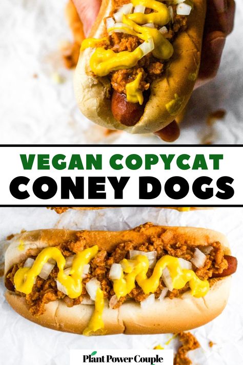 Are you seeking a delicious and healthy vegan alternative to traditional meat dogs? Look no further! Our Vegan Coney Dog Recipe features easy-to-follow instructions, using TVP, for an amazing meatless twist on your classic carrot dogs. With a mustard chili twist, these plant-based dogs promise an explosion of mouth-watering flavor and nutrients. Perfect as a snack or main meal, these vegetarian chili dogs are a delight for the whole family. Don't miss out - save this recipe to make it later! Baked Hot Dogs, Vegan Hot Dog, Vegan Chorizo, Carrot Dogs, Hot Dog Toppings, Vegan Chili, Hot Dog Recipes, Vegan Sausage, Dog Recipes