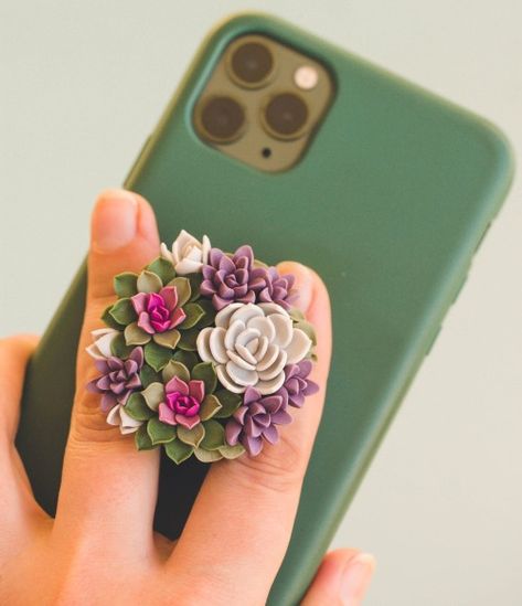 Succulent Phone Grips Eten Iren on Etsy | Polymer Clay Pop Socket, Polymer Clay Phone Case, Succulents Crafts, Polymer Clay Beads Diy, Polymer Clay Gifts, Polymer Clay Flower Jewelry, Diy Earrings Polymer Clay, Polymer Clay Jewelry Tutorials, Handmade Clay Jewelry