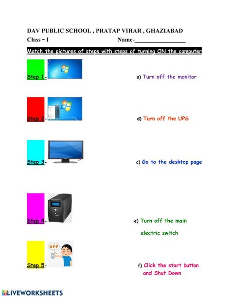 Computer- Steps to Turn off a computer interactive worksheet Computer Worksheet, Computer Lessons, Computer Basic, Computer History, Computer Lab, Special Education Classroom, Online Activities, School Subjects, Turn Off