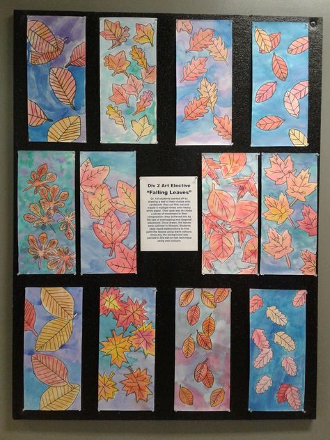 Grade 4-6 students made these lovely falling leaves watercolour paintings using liquid watercolours. I was inspired by THIS post on ... Fall Art Project 3rd Grade, Grade 5 Fall Art, Fall Art Projects 5th Grade, Fourth Grade Fall Art Projects, Grade 4 Fall Art, Fall Art 2nd Grade, Fall Art Upper Elementary, Fall Art Second Grade, Fall Art Grade 2