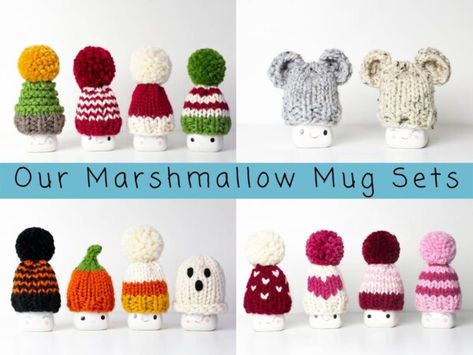 Marshmallow Mugs Hats Free Knitting Pattern Marshmallow Crochet, Marshmallow Hats, Crochet Farmhouse, Knit Hat Pattern Easy, Marshmallow Crafts, Marshmallow Mug Hats, Marshmallow Mugs, Valentines Day Bears, Christmas Tree Hat