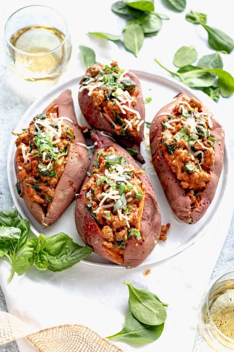 These Easy Stuffed Sweet Potatoes are ready in only 25 minutes! The filling is made with Chicken (or turkey), spinach and marinara with cheese blended into it for the ultimate healthy comfort food! Enchilada Stuffed Sweet Potatoes, Vegetarian Chorizo, Stuffed Sweet Potato Recipes, Stuffed Sweet Potato, The Chunky Chef, Chunky Chef, Stuffed Potatoes, Mexican Flavors, Stuffed Sweet Potatoes