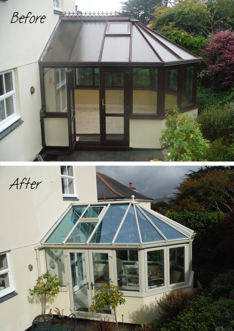 Before and After - Painted uPVC Conservatory installed in Truro, Cornwall by Philip Whear Windows & Conservatories. www.philipwhear.co.uk Paint Upvc Conservatory, Painting Conservatory, Painted Conservatory, Beautiful Conservatories, Conservatory Transformation, Painting Upvc Windows, Conservatory Inspiration, Conservatory Playroom, Conservatory Interiors