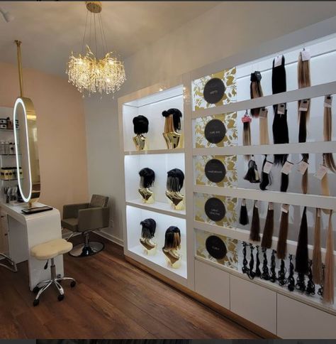 Hair Business Office, Upscale Hair Salon Decor Ideas, Boujee Hair Salon, Hair Extension Room Ideas, Hair Studio Ideas Small Spaces Luxe, Hair Boutique Ideas Decoration, Black Owned Beauty Supply Store Design, Wig Shelf Ideas, Hair Extension Salon Decor