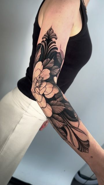 Black And Grey Floral Sleeve Tattoo, Floral Black Work Tattoo, Dark Sleeve Tattoos For Women, Black Tattoos For Women, White Over Black Tattoo, Black And Grey Tattoos Sleeve, Black And Grey Tattoo, Ornamental Tattoo, Floral Tattoo Sleeve