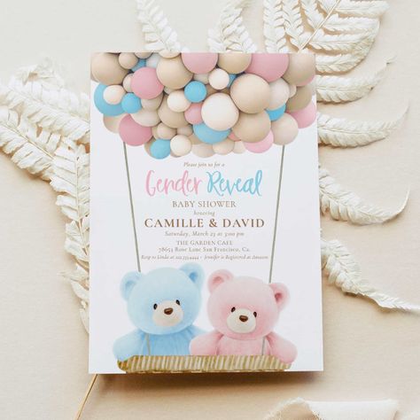 Teddy Bear Gender Reveal Ideas, Teddy Bear Gender Reveal, Bear Gender Reveal, Hot Air Balloon Invitation, Teddy Bear Baby Shower Invitations, Balloon Invitation, Glitter Balloons, Bear Invitations, Teddy Bear Baby Shower