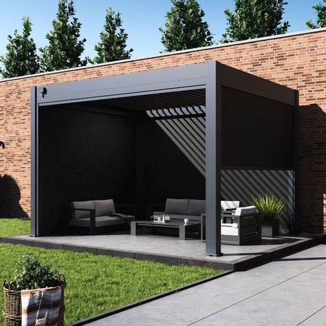 Have you seen our Grand Tuscan Louvered Pergola? 💫 This stunning aluminum pergola is designed to make a statement in any outdoor space. With an adjustable louvered roof for shade and rain protection, and optional wind screens for added comfort, it’s the perfect addition to your backyard. 🌞 🏠 ➡️Don’t miss out – quantities are limited. Modern Pergola Patio, Louvered Roof, Louvered Pergola, Canopy Curtains, Modern Pergola, English Tudor, Aluminum Pergola, Gardens Design, Backyard Remodel