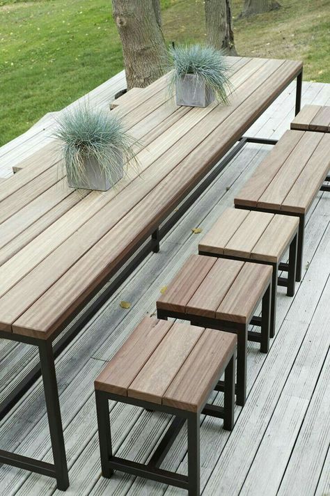 Table Jardin Metal, Table With Benches, Resin Patio Furniture, Pallet Garden Furniture, Welded Furniture, Metal Patio Furniture, Metal Furniture Design, Patio Diy, Diy Garden Furniture