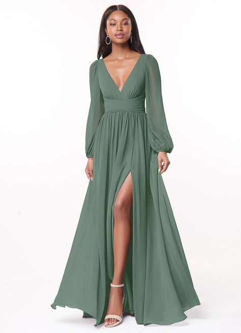 Eucalyptus Azazie Norah Bridesmaid Dresses | Azazie Long Sleeve Bridesmaid Dress, Floor Length Chiffon Bridesmaid Dresses, Glute Workout, Chiffon Bridesmaid Dresses, Azazie Bridesmaid Dresses, Dress Classy, Bridesmaid Dresses Online, Chiffon Long Sleeve, Chiffon Bridesmaid Dress