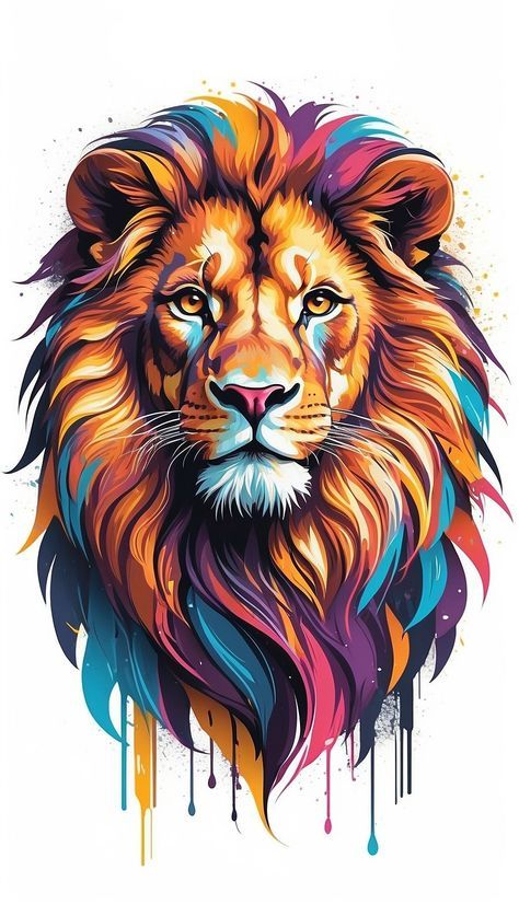 Lion Animated, Colorful Lion Art, Colorful Lion Painting, Lion Face Drawing, Colorful Animal Paintings, Lion Vector, Lion Artwork, Lion Drawing, Lion Painting