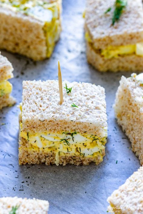 Mini Egg Salad Sandwiches, High Tea Egg Salad Sandwiches, Egg Salad Sandwich Tea Party, Egg Salad Tea Sandwiches Recipes, Afternoon Tea Picnic Ideas, Mini Egg Sandwiches, Eggs Salad Sandwich, Egg Salad Appetizers, Buffet Sandwich Ideas