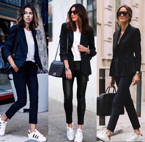 Black + White Best Black Outfits, Black Sneakers Outfit, Sneakers Outfit Work, Style Année 80, Suits And Sneakers, White Sneakers Outfit, Sneaker Outfits Women, Mode Tips, Office Casual Outfit