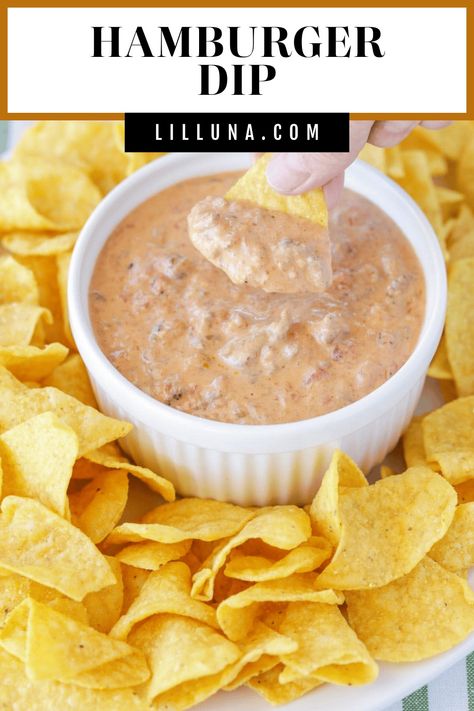 This savory Hamburger dip is always a hit at parties. It's cheesy, hearty, and made with only 4 ingredients! #hamburgerdip #groundbeef #diprecipes #appetizer Hamburger Dip, Hoagie Dip, Hamburger Party, Buffalo Chicken Bites, Cheesy Dip, Party Dip, Easy Dips, Dip Recipes Easy, Cheese Bites