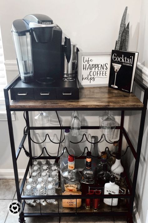 Coffee And Wine Bar Cart, Bar Cart And Coffee Station, Coffee And Alcohol Bar Cart, Coffee And Wine Cart Ideas, Bar Cart Location, Basement Bar Cart Ideas, Bar Cart In Kitchen Ideas, Coffee And Bar Cart Ideas, Liquor Coffee Bar