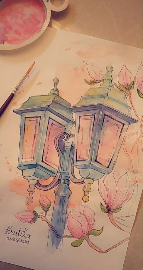 Pink Lamp, Drawing Ideas List, Colour Splash, Inspiration Painting, Paintings Art, Watercolor Splash, Street Lamp, Art Inspiration Painting, Paintings Art Prints