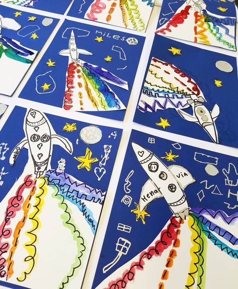 Rocket Art For Kids, Outer Space Art Projects, Stars Activities, Glow Gallery, Kindergarden Art, Line Art Lesson, Square 1 Art, Art Kindergarten, Space Art Projects