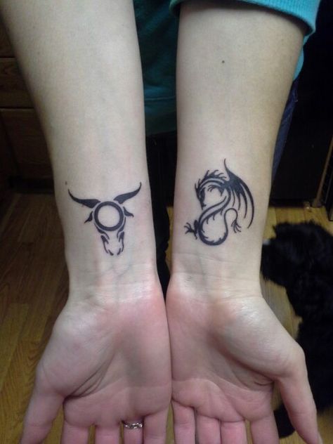 My new tats! Ox and dragon for my parents horoscopes. Ox And Snake Tattoo, Taurus Dragon Tattoo, Year Of The Ox Tattoo Zodiac, Year Of Ox Tattoo, Fire Ox Tattoo, Ox Tattoo Zodiac, Year Of The Ox Tattoo Design, Ox Tattoo Design, Year Of The Ox Tattoo