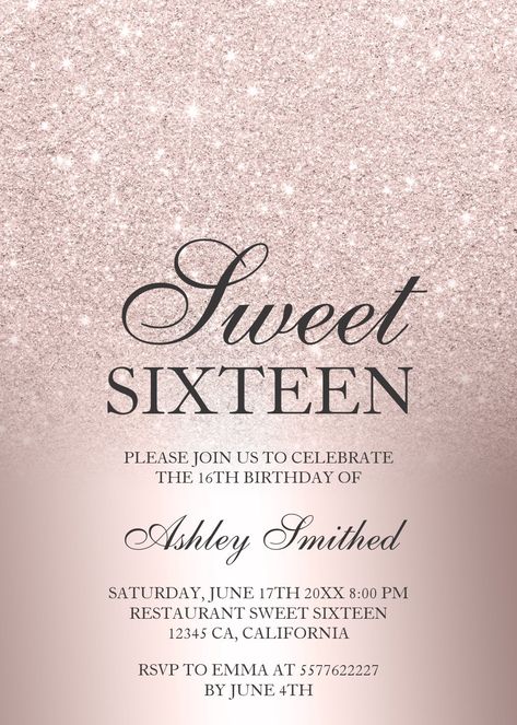 sweet 16 invitations rose gold glitter ombre metallic chic sweet 16 invitation glitter sweet 16 modern sweet sixteen chic sweet 16 rose gold glitter ombre gradient metallic rose gold foil luxurious calligraphy typography chic pink rose gold sparkles rose gold leaf Sweet 16 Rose Gold Theme, Sweet 16 Rose Gold, Gold Glitter Ombre, 16 Invitations, Rose Gold Theme, Rose Gold Invitations, Rose Gold Sparkle, Calligraphy Typography, Ombre Gradient