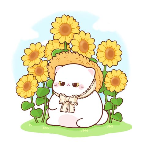 Guache Illustration Cute, Kawaii Flower Illustration, Cute Scenery Drawing, Cat With Flowers Drawing, Sunflowers Illustration, Sunflower Cartoon, Cat Sunflower, Sunflower Illustration, Cute Sunflower