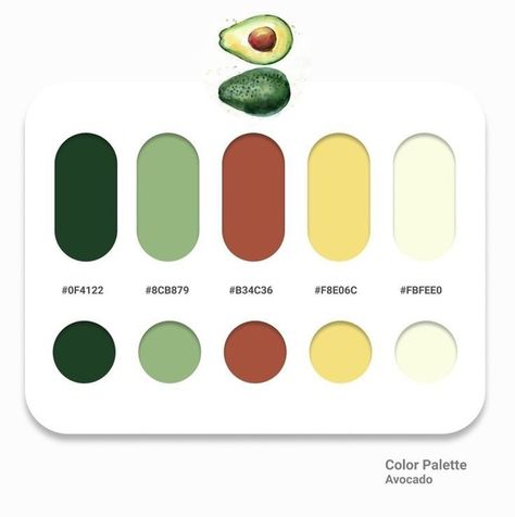 Avocado Colour Palette, Pantone Avocado, Nutrition Color Palette, Avocado Color Palette, Indesign Layout, Flat Color Palette, Color Design Inspiration, Mood And Tone, Grafic Design