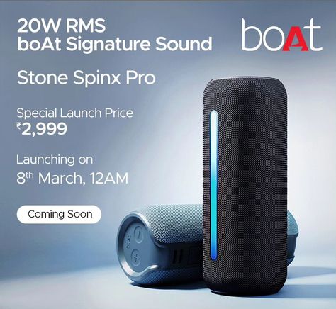 boAt Stone Spinix Pro Bluetooth speaker launching on 8th March 2024 with 20W RMS output for powerful sound. - Starts price with INR 2,999 ($36) on Amazon. #boat #Speaker #StoneSpinixPro #Upcoming #technews 8th March, Speaker System, March 2024, Future Technology, Cool Technology, Portable Speaker, 8th Of March, Tech News, Tech Gadgets