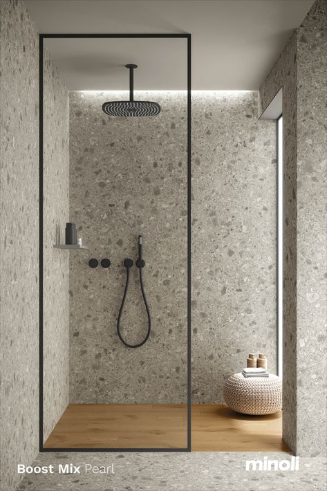 Boost Mix is inspired by the pebble patterned Ceppo Di Grè stone from the north-western shores of Lake Iseo in Italy. Distinct and dynamic in design, Boost Mix comes in three mesmerising, modern shades ranging through warm and light, to dark and cool colourways. Modern Zen Bathroom, Stone Tile Bathroom, Bathroom Recessed Lighting, Wood Tile Bathroom, Wc Design, Minimalist Bathroom Design, Modern Small Bathrooms, Small Bathroom Interior, Bathroom Tile Designs