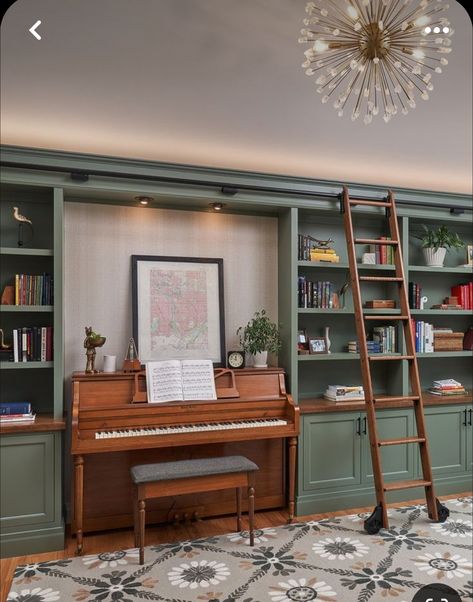 Home Library Sitting Area, Library With Coffee Bar, Piano Room Interior Design, Sitting Room Music Room, Craft And Music Room, Built In With Piano, Library And Piano Room, Home Library Music Room, Music Room Library Study