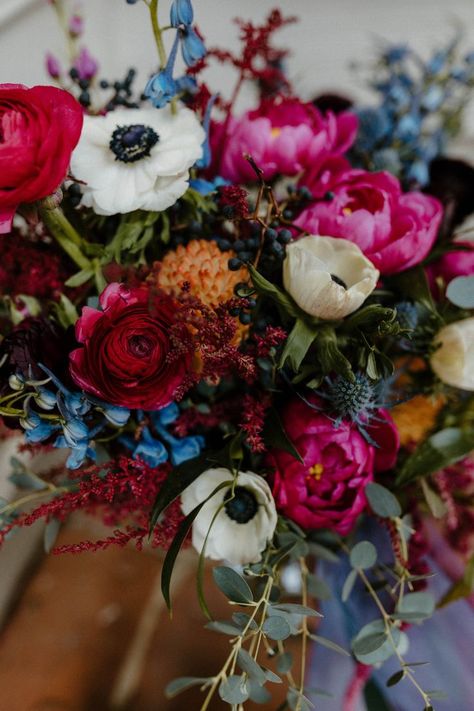 Fall Seasonal Flowers Wedding, Black And Vibrant Wedding, Dark Jewel Tone Wedding Bouquet, Spring Wedding Dark Colors, Whimsical Garden Wedding Flowers, Colorful Winter Bouquet, Jewel Tone Wildflower Wedding, Vibrant Wedding Florals, Jewel Tone Flowers Wedding