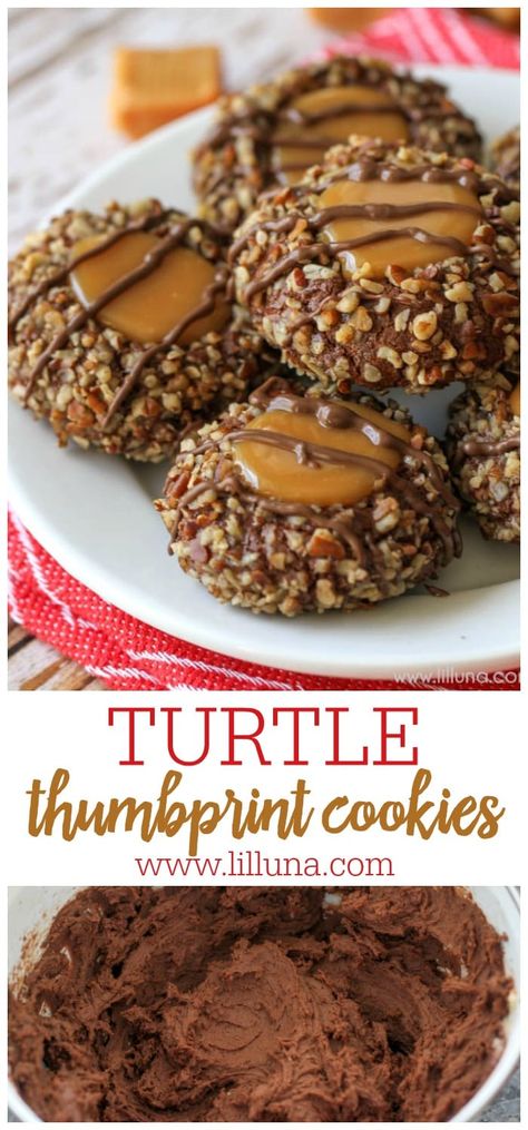 Turtle Thumbprint Cookies Recipe, Cookie Thumbprint, Turtle Thumbprint Cookies, Thumbprint Cookies Christmas, Thumbprint Cookies With Icing, Holiday Cookies Thanksgiving, Cookie Healthy, Thumbprint Cookie, Chocolate Thumbprint Cookies