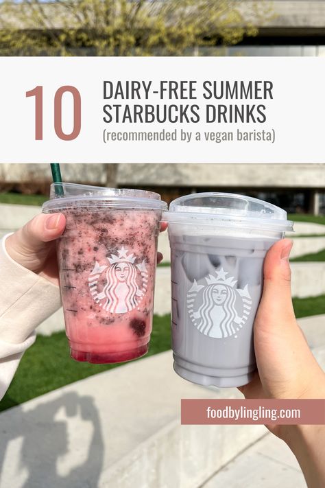 Two Starbucks iced drinks held together outside under the sun. First pin drink on the left: Strawberry Cookie Crumble Frappuccino. First pin drink on the right: Lavender Drink. Second pin drink on the left: Strawberry Green Tea Refresher. Second pin drink on the right: Iced Dirty Chai. Starbucks Drinks Canada, Starbucks Dairy Free Drinks, Vegan Starbucks Drinks Coffee, No Coffee Starbucks Drinks, Non Coffee Starbucks Drinks, Dairy Free Starbucks Drinks, Vegan Starbucks Drinks, Dairy Free Starbucks, Vegan Starbucks