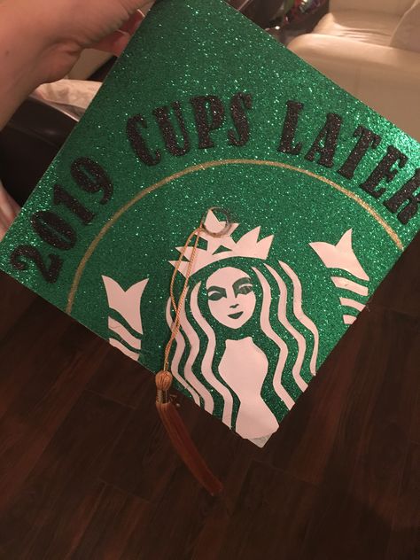 Grad Cap Sparkle, Coffee Graduation Cap, Starbucks Graduation Cap, Grad Cap Funny, Gcu Graduation, Graduation Man, High School Graduation Cap Designs, Diy Grad Cap, Preschool Graduation Party