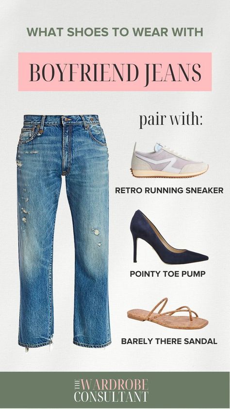 We all have those days when we just want to be comfy and casual – that's where boyfriend jeans come in. With their relaxed, slouchy fit, you'll want shoes that match their easygoing vibe. Try pairing them with sneakers, loafers, or sandals for a laid-back look that's still super stylish. Boyfriend jeans can also work with a pump to dress them up - it goes back to the rule of juxtaposition and is a gem of a styling tip to up level your outfits. #boyfriendjeans #styleguide Boyfriend Jeans Shoes, What Shoes To Wear, Group Fashion, Classy Coat, Boss Woman, Wardrobe Consultant, Crop Flare, Daily Outfit Inspiration, Blogger Outfits