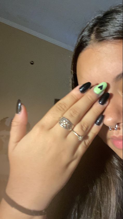 Sage Green And Black Nails Design, Light Green And Black Nails, Black And Sage Green Nails, Sage Green And Black Nails, Black And Green Nails Short, Black Nails With Green, Black Nails Simple, Green Black Nails, Black And Green Nails