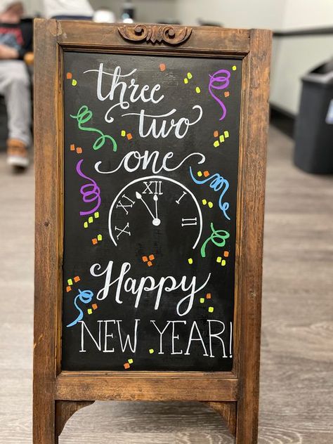 Chalkboard Designs January, Chalkboard Calendar December, New Years Chalkboard Ideas, December Chalkboard Art, Chalkboard Marker Art, New Years Chalkboard Art, January Chalkboard Ideas, New Year Chalkboard Art, Boutique Chalkboard Signs