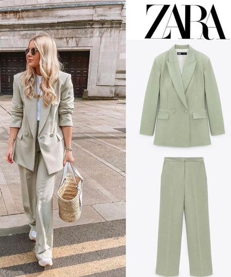 A girl wearing pastel green pantsuit  with loose legged pants Pastel Blazer Outfit For Women, Pastel Formal Outfit, Pastel Suit Women, Blazer Ideas Women, Elegant Blazer Outfits, Zara Blazer Outfit, Women Suit Outfits, Blazer Set Outfit, Blazer Set Women