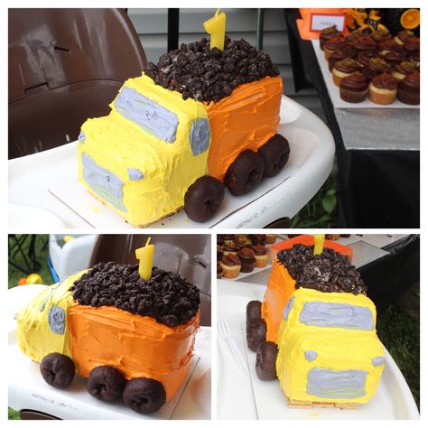 Dump Truck Smash Cake - Boy First Birthday Party! 9x13 cake cut into 3 equal rectangles, stacked, cut and frosted. Tip: stack and shape cake, then freeze before frosting! Bulldozer Cake, Construction Birthday Party Cakes, Dump Truck Cakes, Digger Cake, Construction Theme Birthday Party, Construction Cake, Truck Cakes, Smash Cake Boy, Construction Birthday Parties