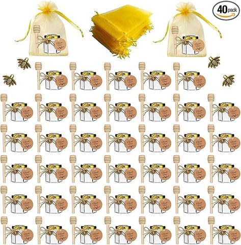 Amazon.com: IIKUM 40 Pack 1.5 oz Hexagon Mini Glass Honey Jars with Wooden Dippers, Gold Lids, Bee Pendants, Golden Gift Bags, Thank You Cards, Jutes - Perfect for Baby Shower, Wedding Favors and Party Favors: Home & Kitchen Useful Wedding Favors For Guests, Useful Wedding Favors, Mini Glass Jars, Honey Jars, Honey Sticks, Best Wedding Favors, Bee Pendant, Honey Jar, Wedding Favors For Guests