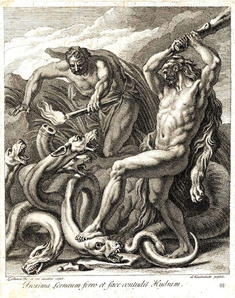 Hercules Slaying the Hydra. 18th.century. Gerard Van der Gucht. English 1696-1776. engraving after Louis Cheron. Greek Sea, Mermaids And Mermen, Mythological Creatures, Greek Myths, Many Faces, Antique Prints, Hercules, Greek Mythology, Etching