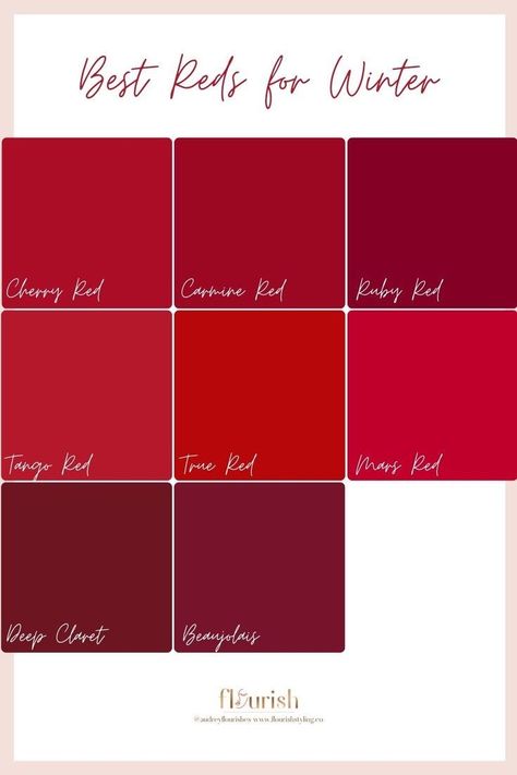 Cool Winter Color Palette Lipstick, Winter Red Color Palette, True Red Outfit, Types Of Red Color, Deep Winter Lipstick Colors, True Winter Lipstick, Cool Winter Makeup, Dark Winter Makeup, Winter Color Season