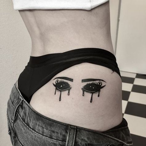 Black bleeding eyes tattoo on the hips | www.otziapp.com 16 Tattoo, Grunge Tattoo, Scary Tattoos, Inspiration Tattoos, Creepy Tattoos, Horror Tattoo, Badass Tattoos, Dark Tattoo, Aesthetic Tattoo