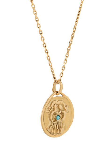 Gold-tone 24kt gold plated brass/turquoise Talisman Gemini necklace from GOOSSENS featuring circular pendant, chain-link detailing and clasp fastening. | Goossens Talisman Gemini necklace Gemini Necklace, 24kt Gold, Curator Style, Chain Link, Gold Tones, Gold Necklace, Gold Plate, Plating, Turquoise