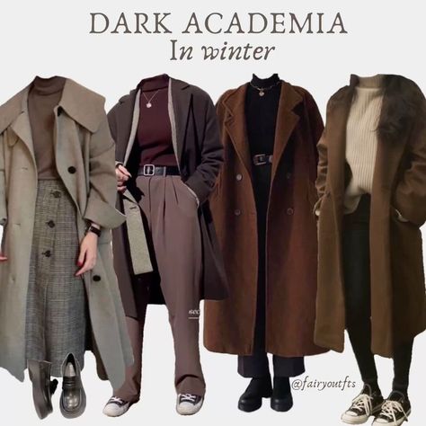 Styling Long Coats, English Student Aesthetic Outfit, History Student Aesthetic Outfit, Dark Winter Outfits Aesthetic, Archivist Aesthetic Outfit, Reader Outfit Aesthetic, Brown Coat Aesthetic, History Major Aesthetic Outfits, Witch Academia Aesthetic Outfit